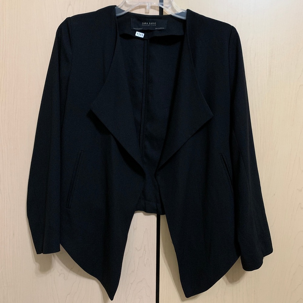 Zara Basic Blazer Women's Medium Black Long‎ Sleeve Draped Open Front Cinch Back